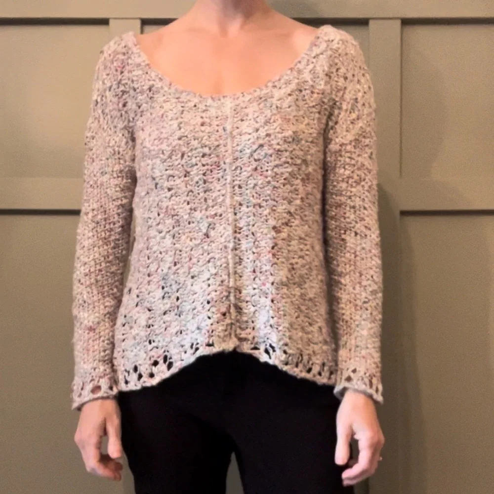 Free People Rainbow Speckle Open Knit Crochet Sweater Scoop Neck Cotton Size XS